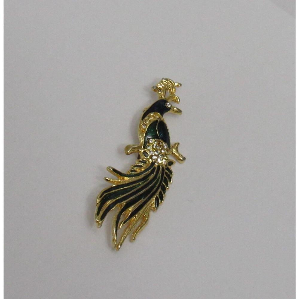Vintage Blue & Green Enamel Clear Rhinestone Gold Tone Peacock Brooch Pin